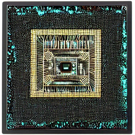 AI art of computer chip inalid with mother-of-pearl design,
		    generated by Stable Diffusion on OpenArt.