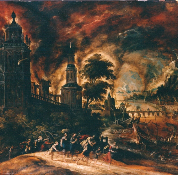 "Aeneas fleeing from burning Troy" by the 16th
            century Flemish painter Kerstiaen de Keuninck is set in the
            backdrop of the Bronze Age collapse.