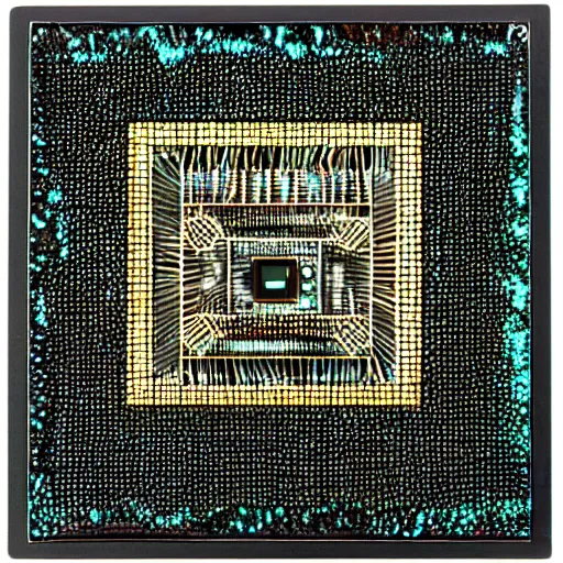 AI art of computer chip inalid with mother-of-pearl design,
            generated by Stable Diffusion on OpenArt.